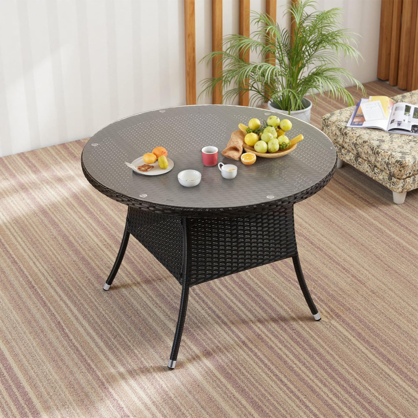 Garden Rattan Tempered Glass Top Round Table with Parasol Hole