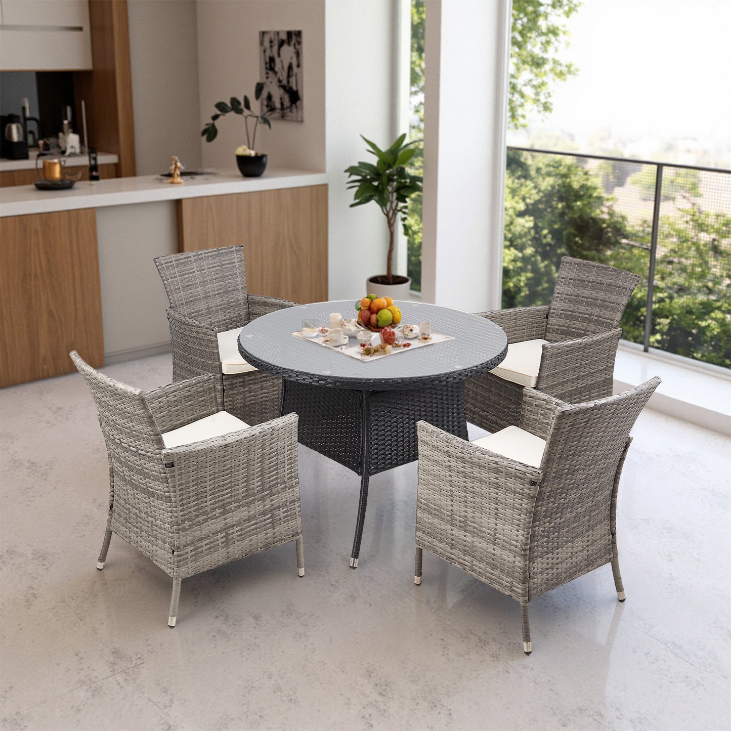 Garden Rattan Tempered Glass Top Round Table with Parasol Hole