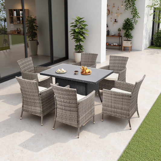Garden Rattan Tempered Glass Top Rectangular Table with Parasol Hole