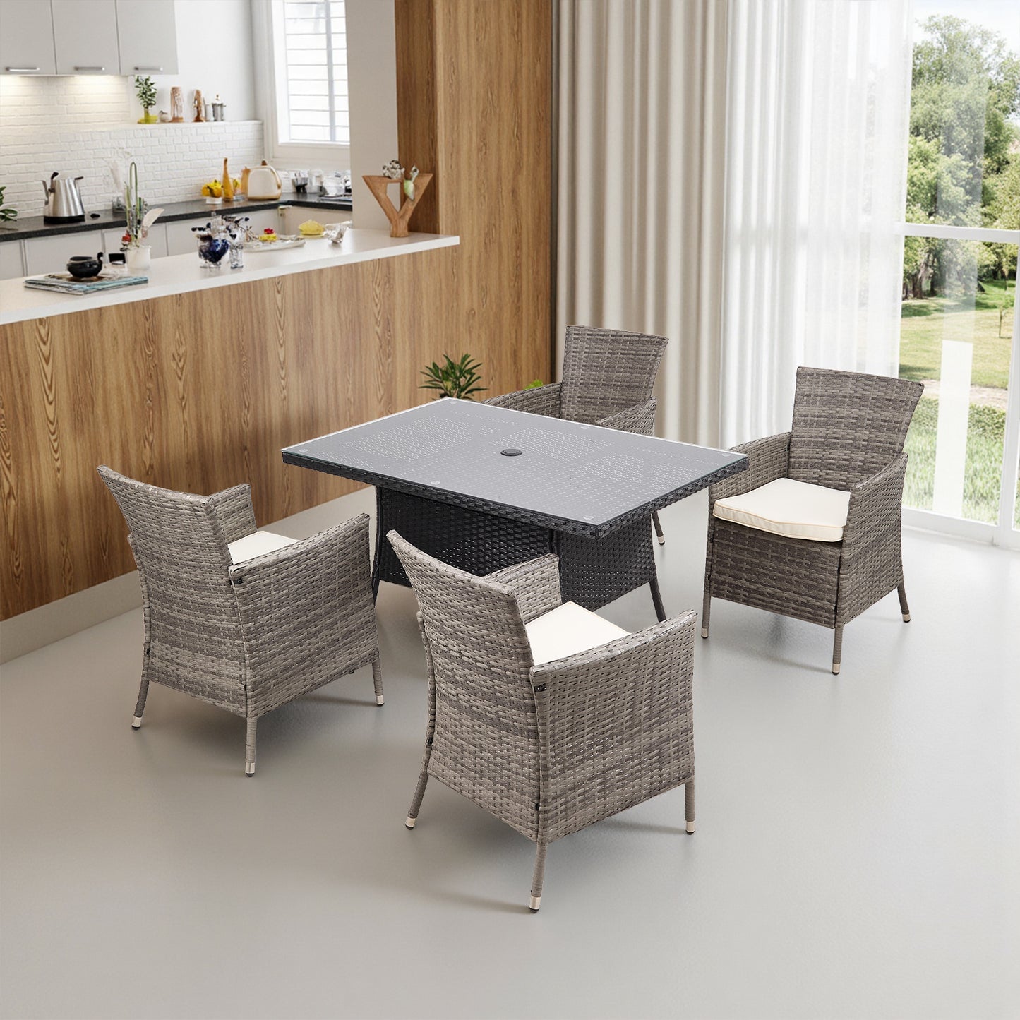 Garden Rattan Tempered Glass Top Rectangular Table with Parasol Hole