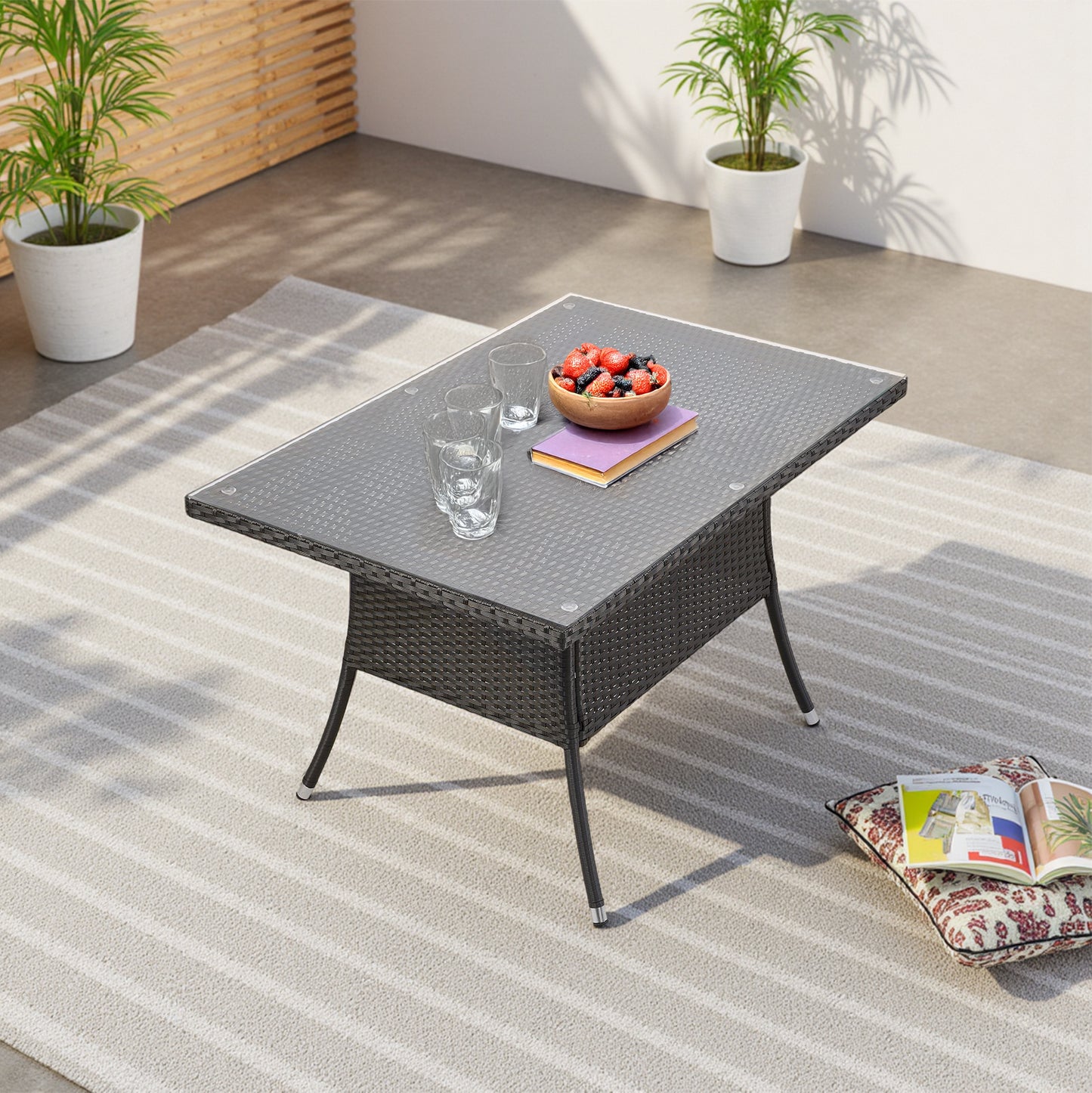Garden Rattan Tempered Glass Top Rectangular Table with Parasol Hole
