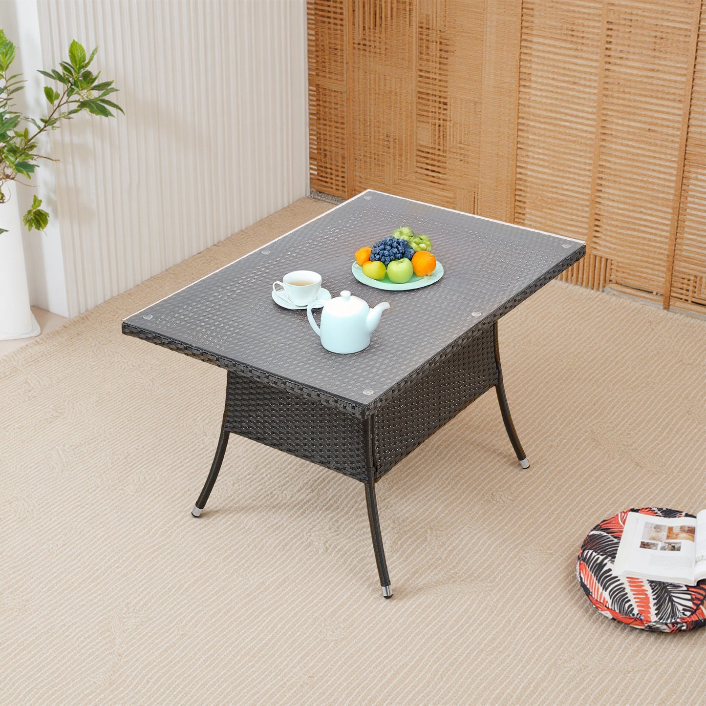 Garden Rattan Tempered Glass Top Rectangular Table with Parasol Hole