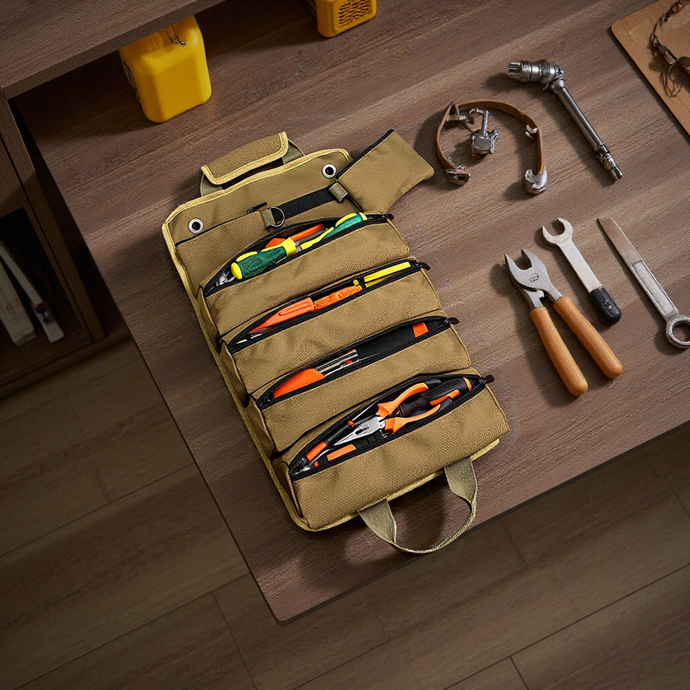Roll Up Tool Storage Bag with 2 Detachable Tool Pockets