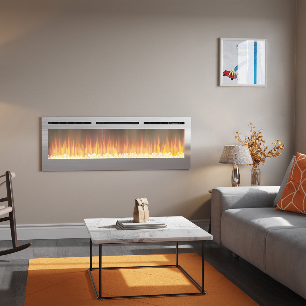 Linear Electric Fireplace Recessed in Chrome