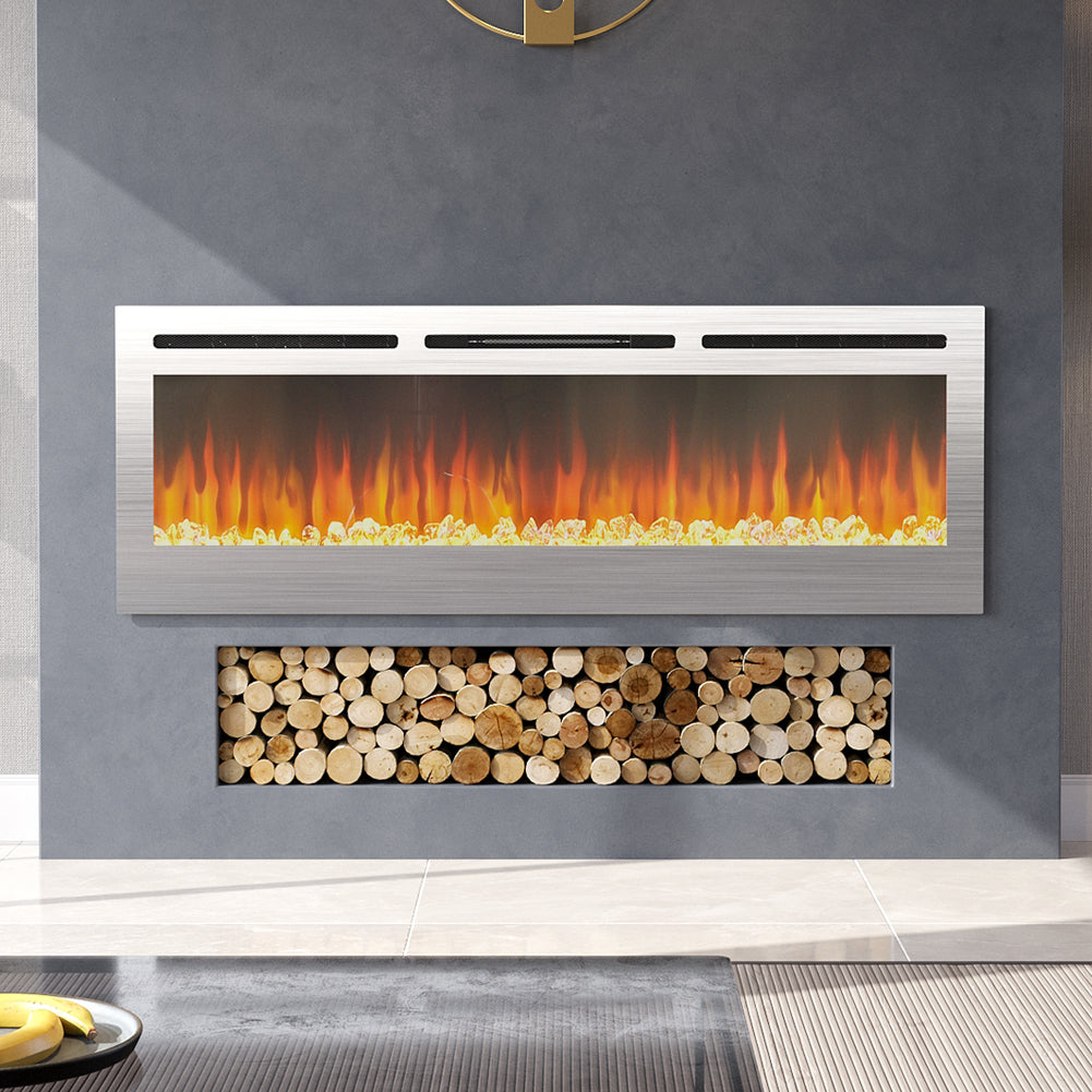 Linear Electric Fireplace Recessed in Chrome