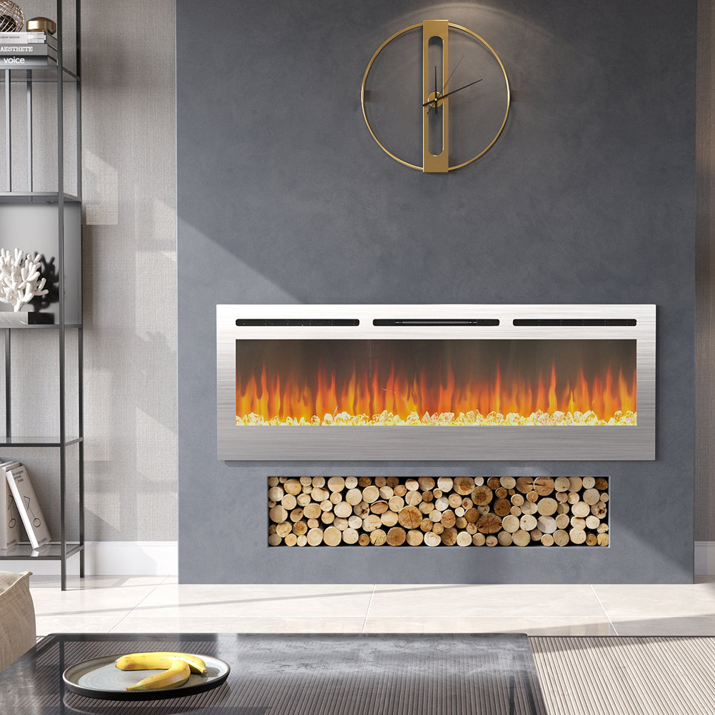 Linear Electric Fireplace Recessed in Chrome