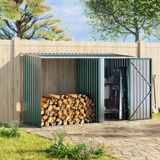 250CM Wide Metal Garden Storage Shed with Open Log Rack