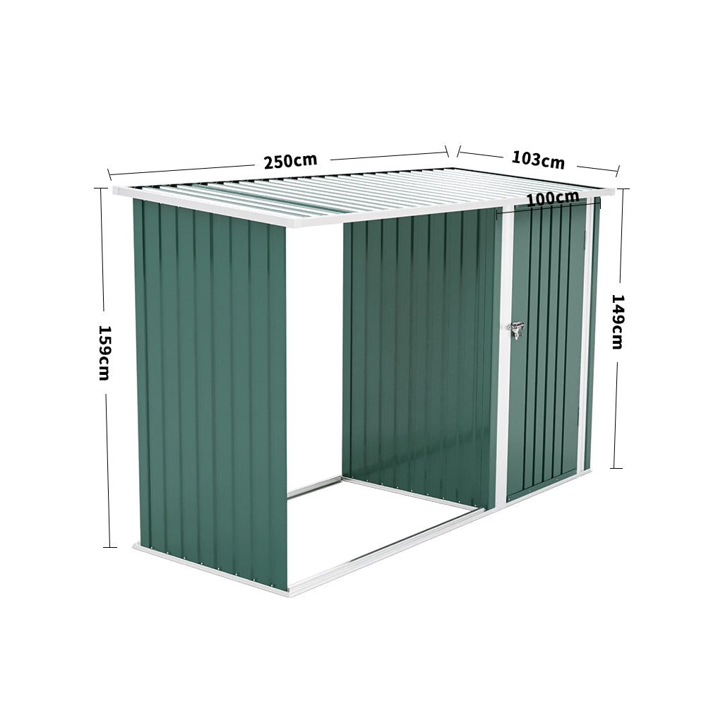 250CM Wide Metal Garden Storage Shed with Open Log Rack