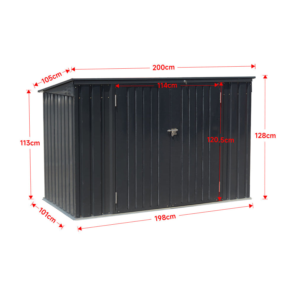 200CM Wide Outdoor Metal Garbage Storage Shed with Hinged Lid