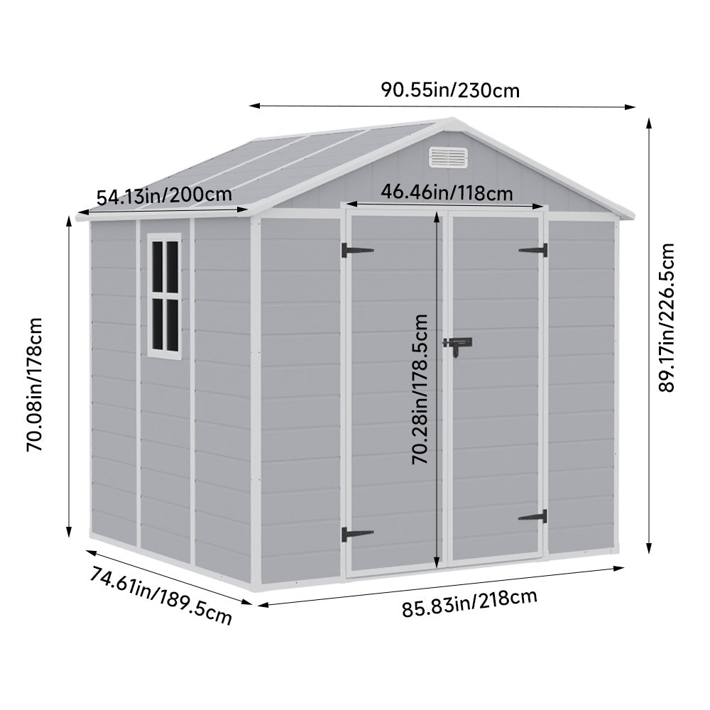 8x6ft Outdoor Apex Roof Plastic Tool Shed with Dual-door