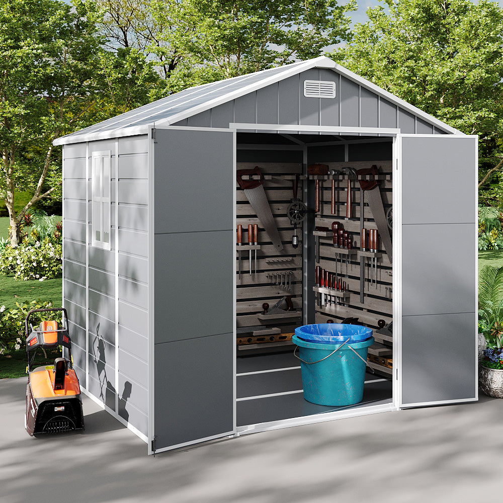 8x6ft Outdoor Apex Roof Plastic Tool Shed with Dual-door