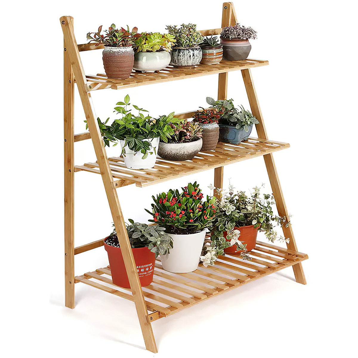 3-Tier Foldable Wooden Ladder Shelf Natural