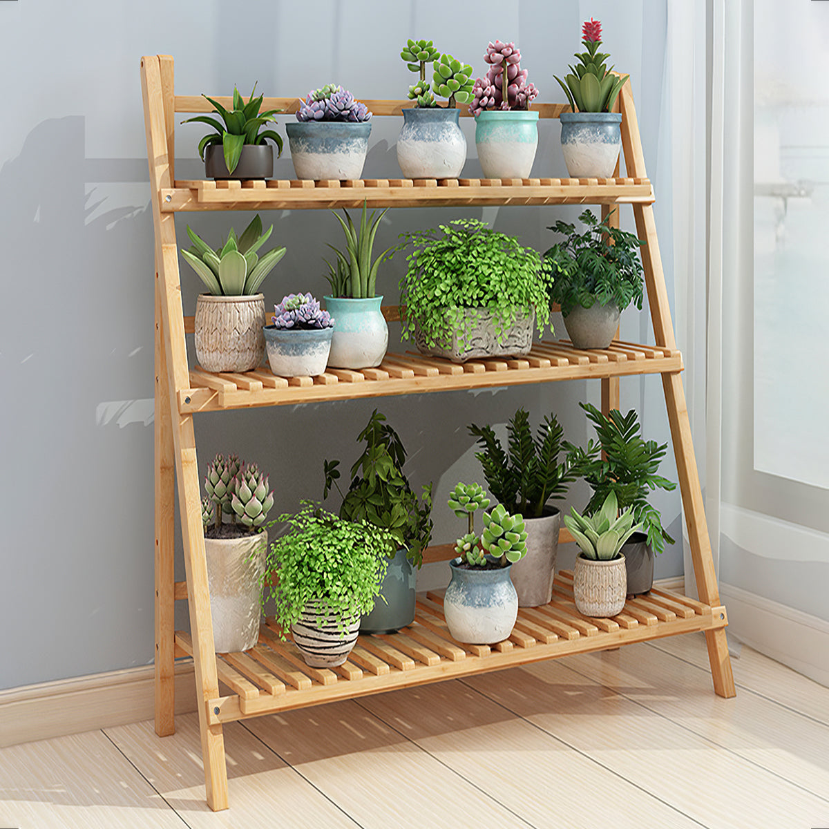 3-Tier Foldable Wooden Ladder Shelf Natural
