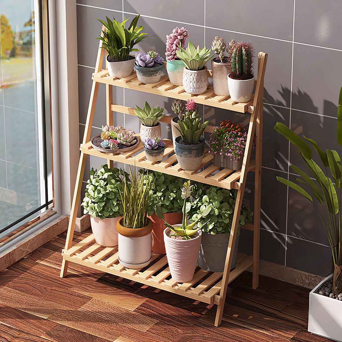 3-Tier Foldable Wooden Ladder Shelf Natural