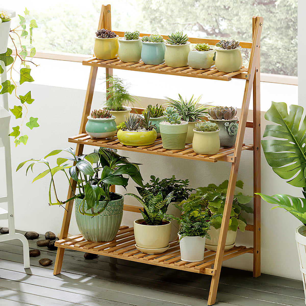 3-Tier Foldable Wooden Ladder Shelf Natural