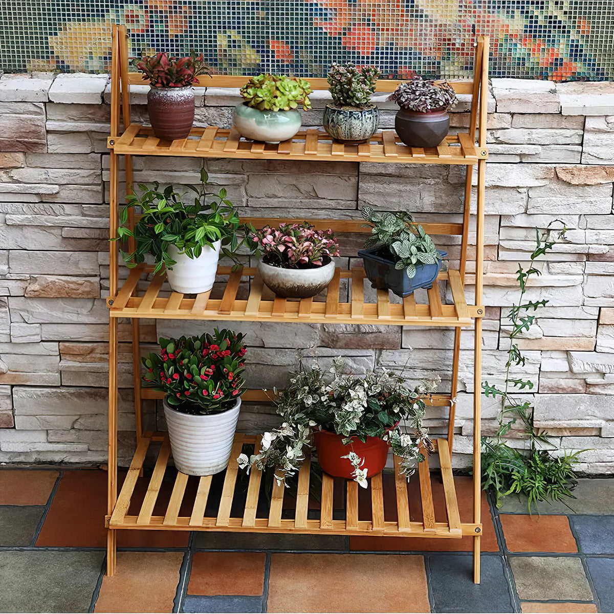 3-Tier Foldable Wooden Ladder Shelf Natural