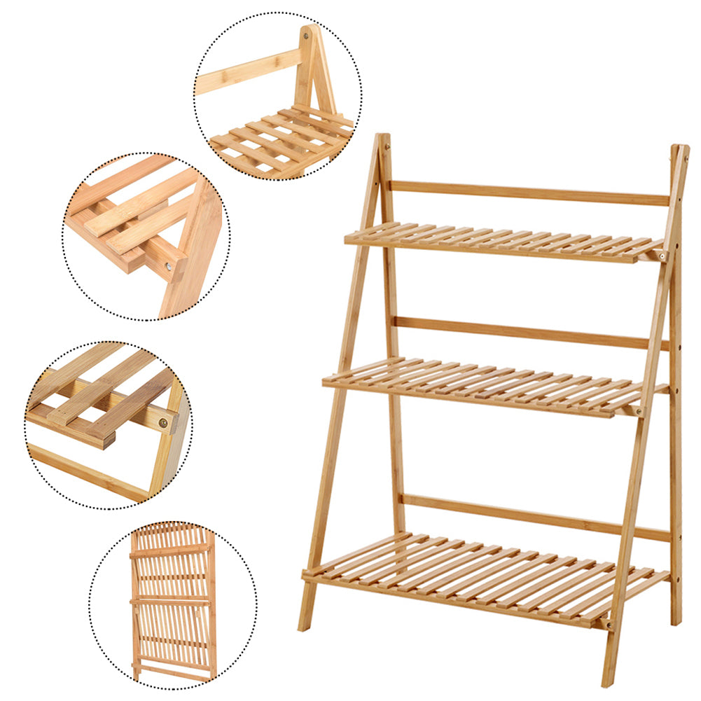 3-Tier Foldable Wooden Ladder Shelf Natural
