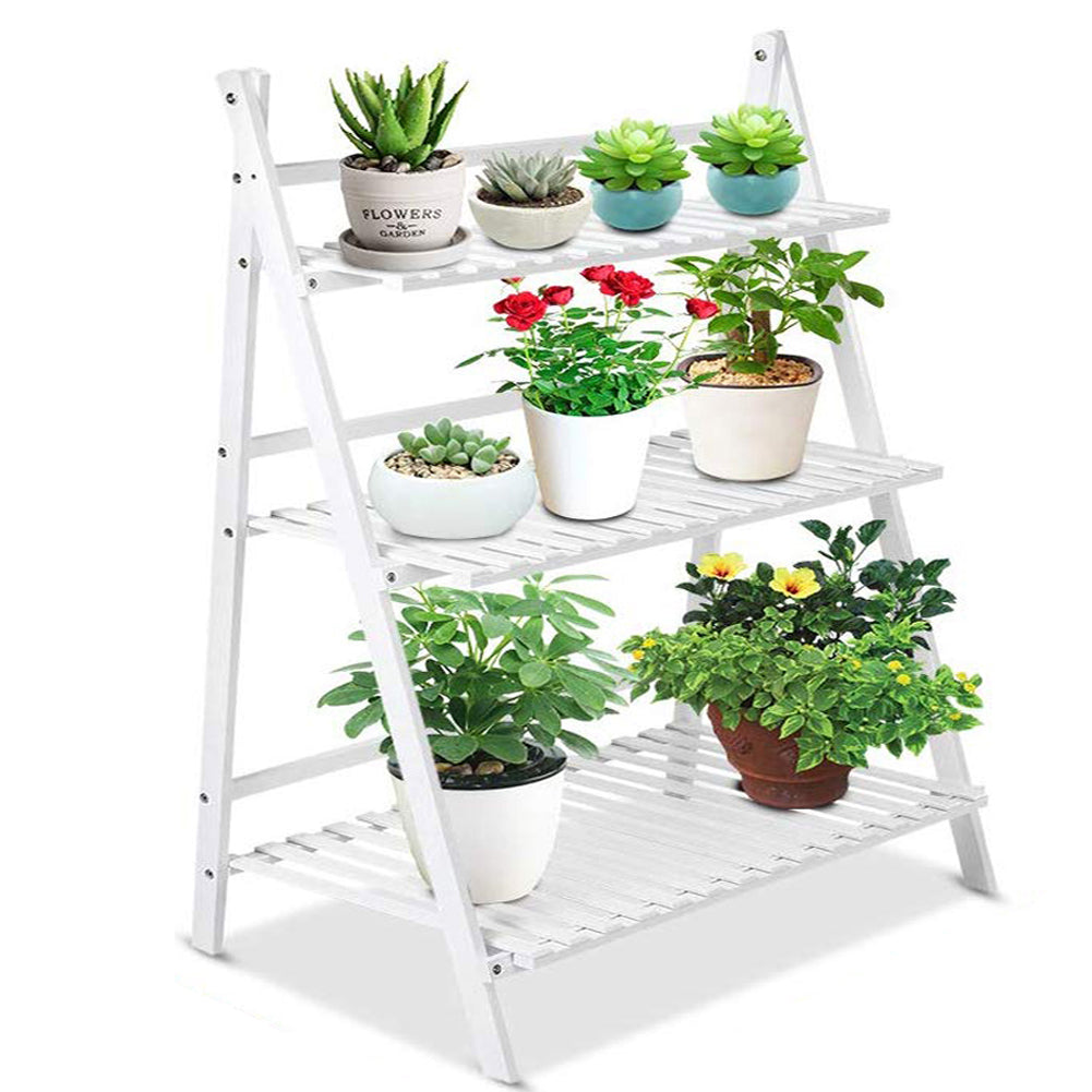 3-Tier Foldable Wooden Ladder Shelf Natural