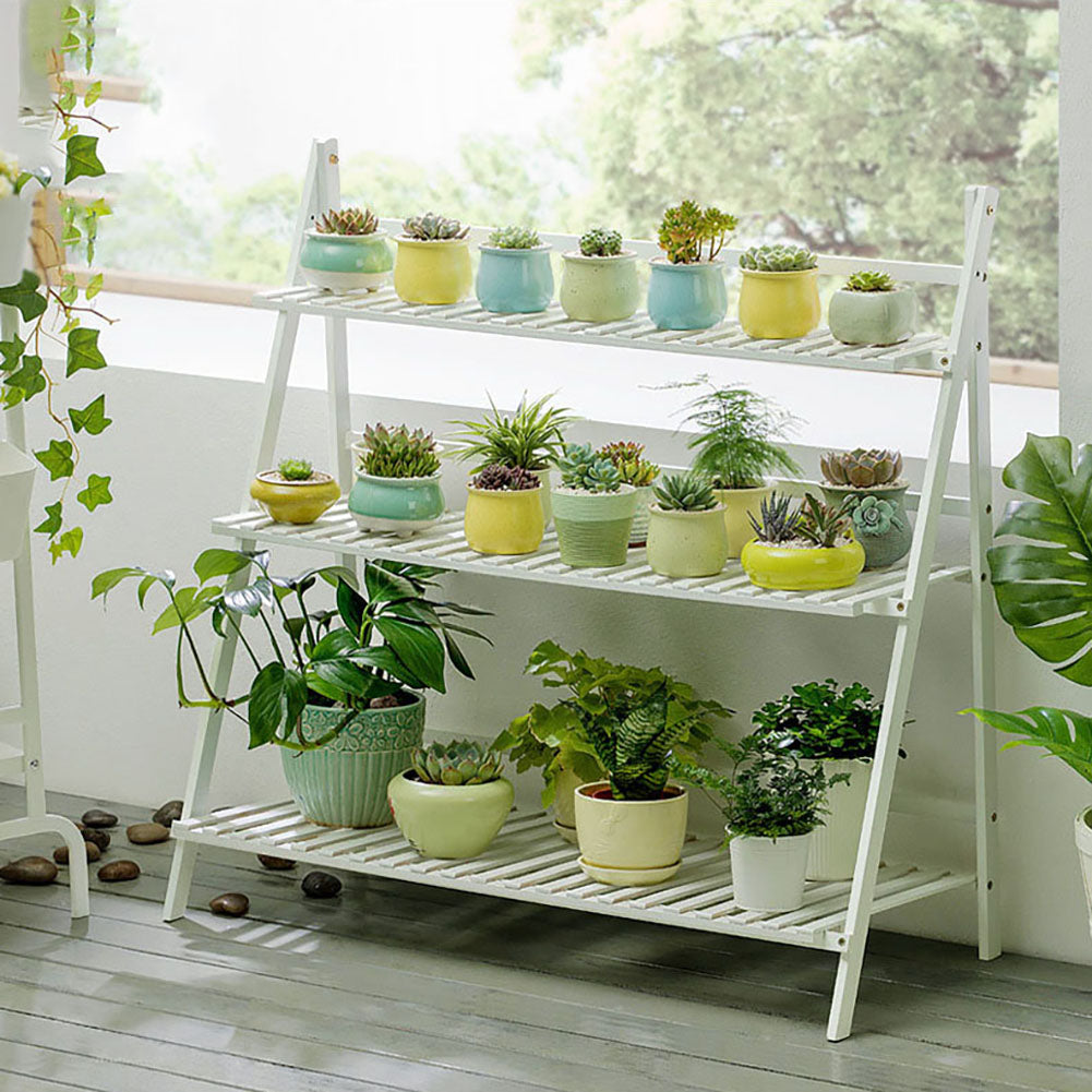 3-Tier Foldable Wooden Ladder Shelf Natural