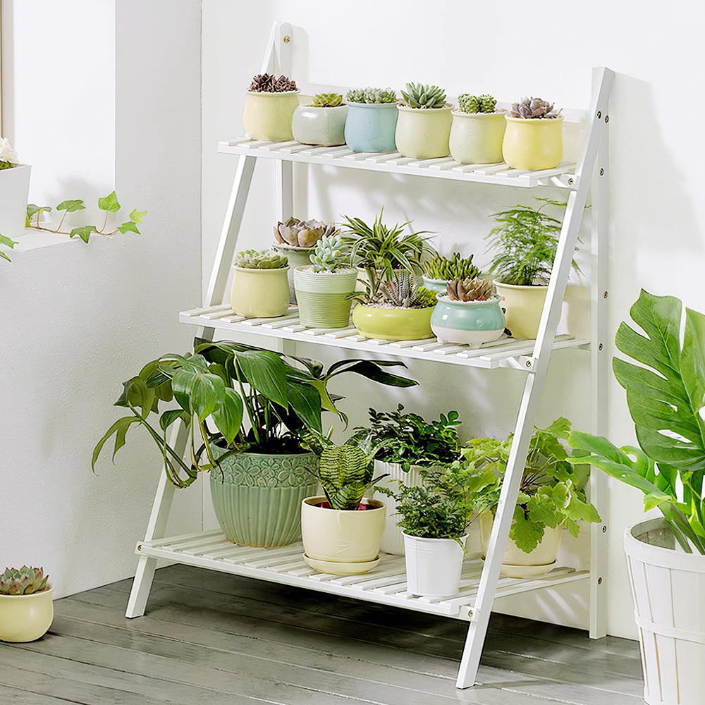 3-Tier Foldable Wooden Ladder Shelf Natural