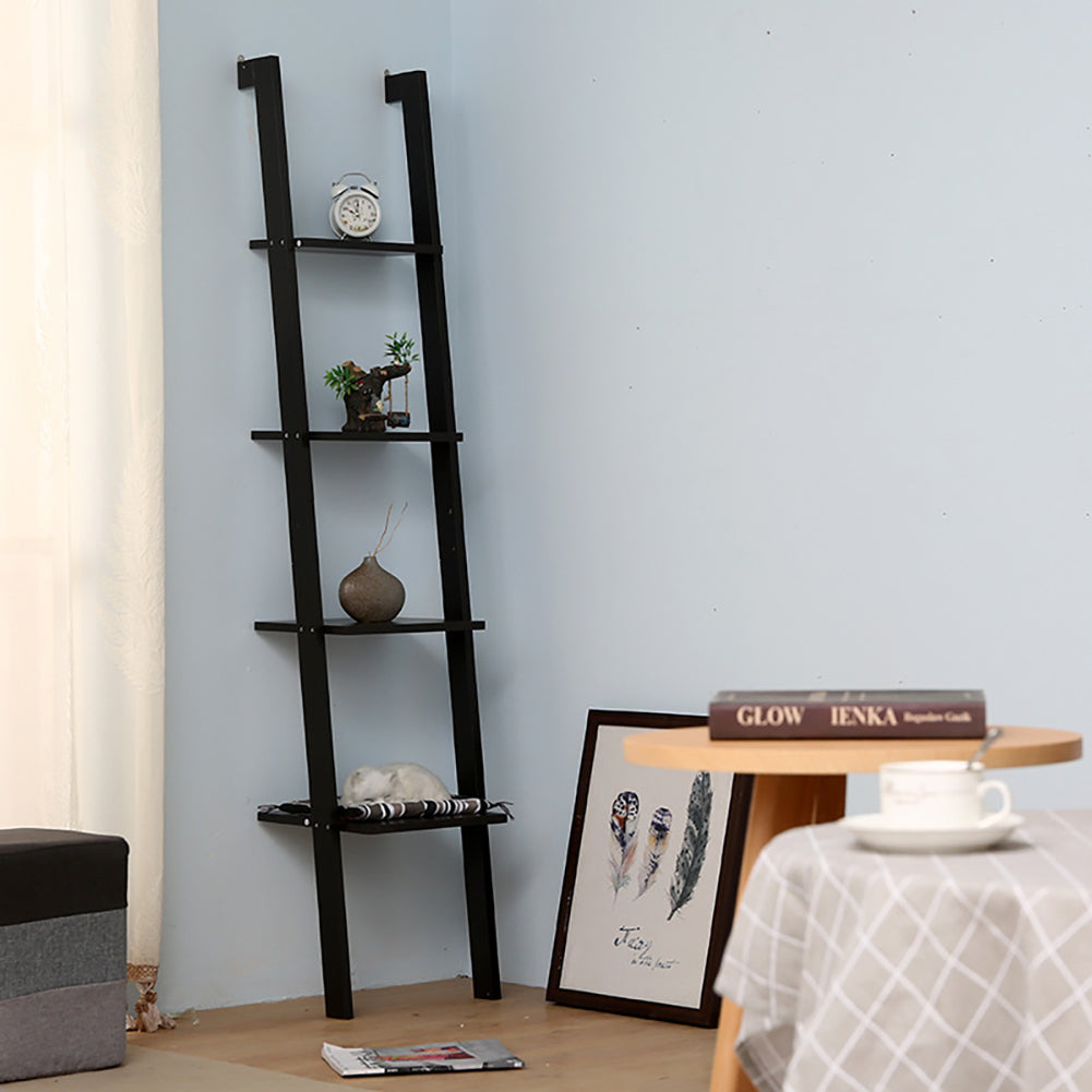 Black 4-Tier Wooden Wall Ladder Shelf