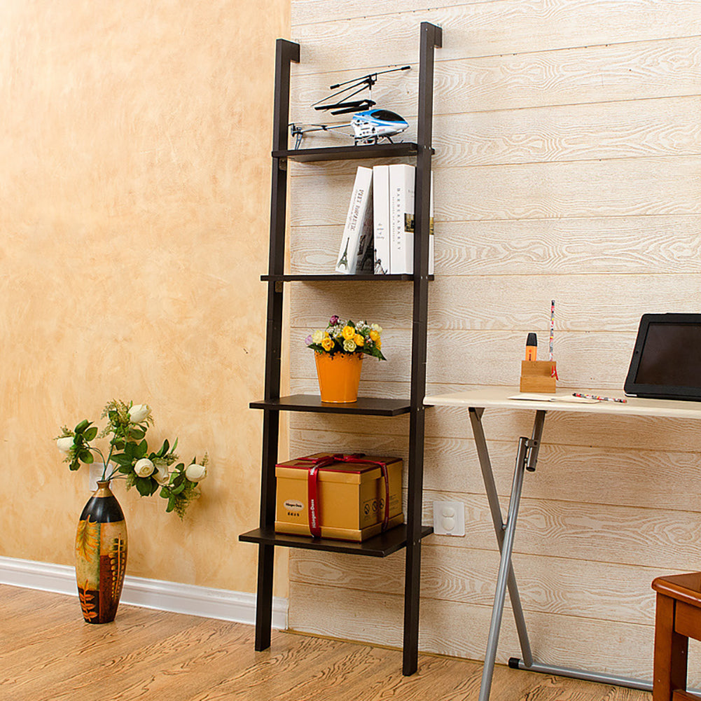 Black 4-Tier Wooden Wall Ladder Shelf