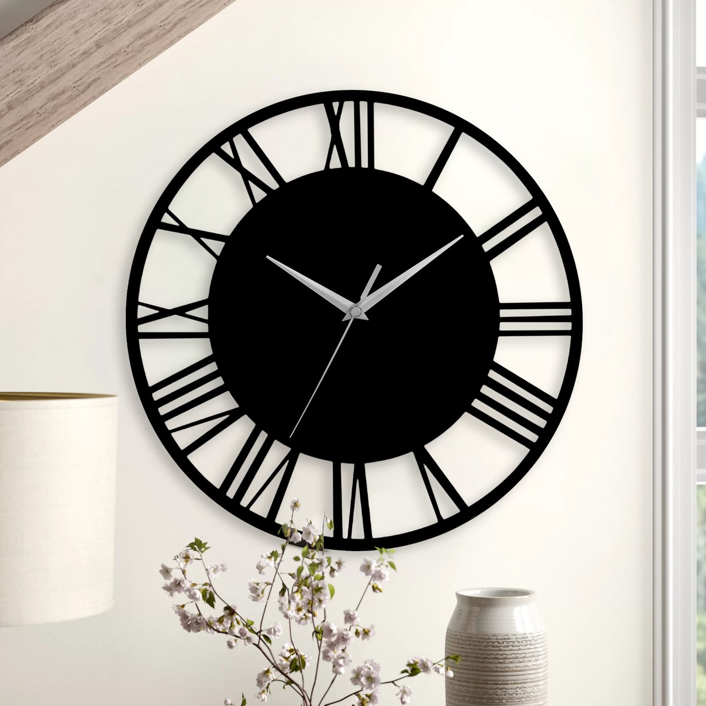 Silent Round Wood Wall Clock Decorative Roman Numeral