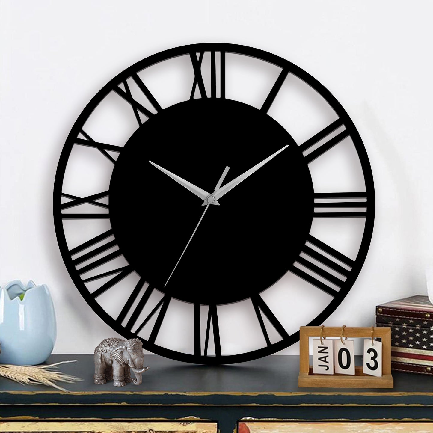 Silent Round Wood Wall Clock Decorative Roman Numeral