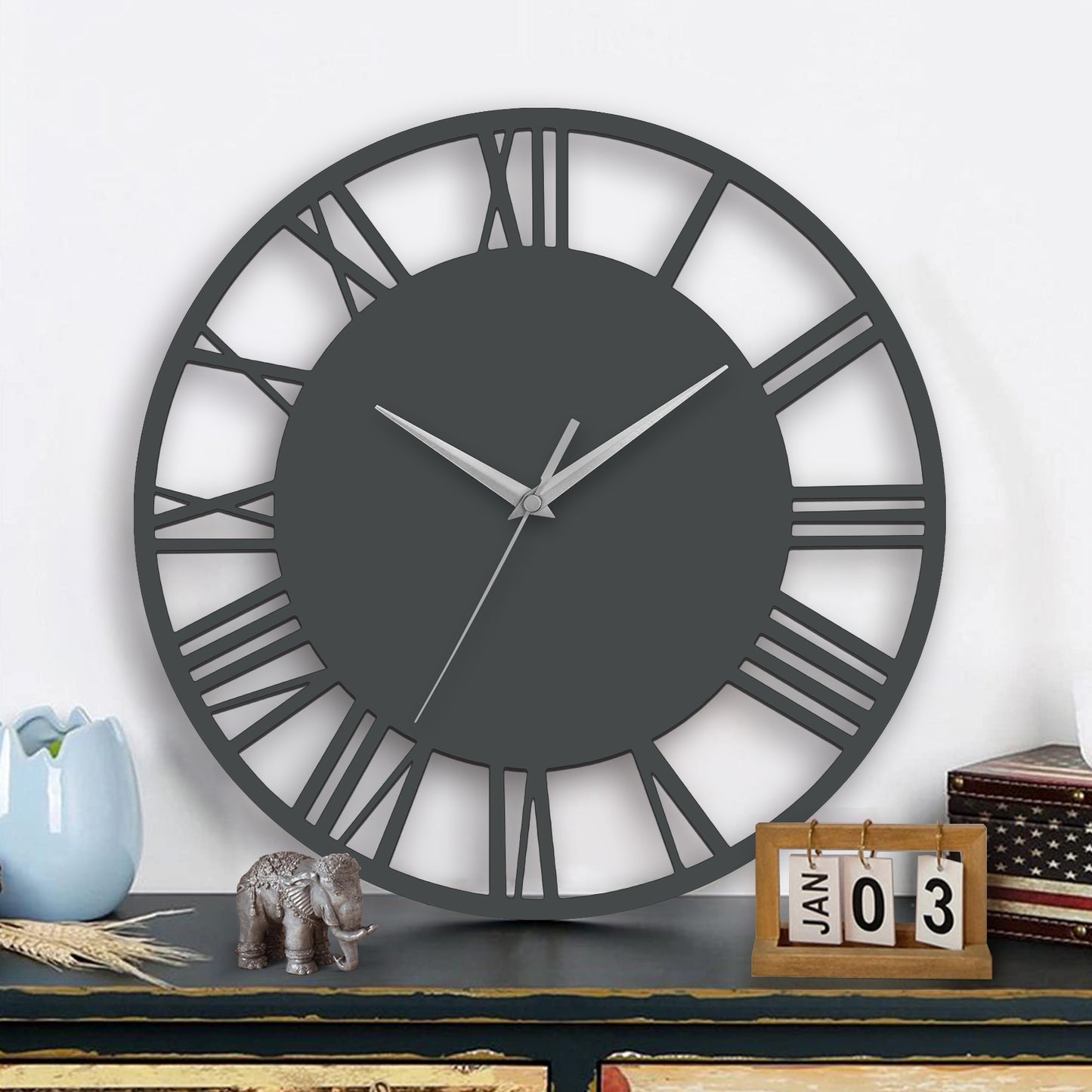 Silent Round Wood Wall Clock Decorative Roman Numeral