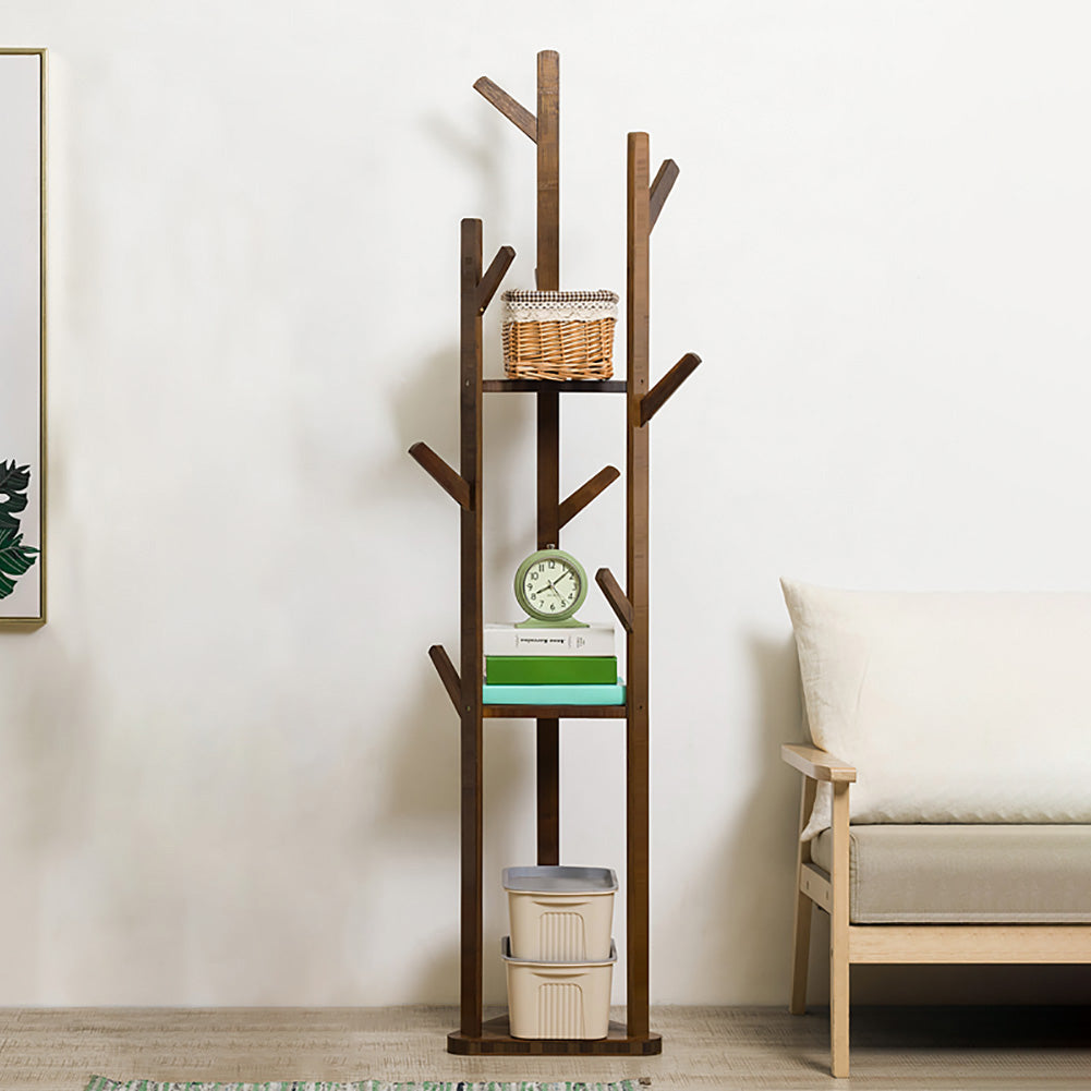 Wooden Coat Rack Stand with 3 Shelves for Entryway