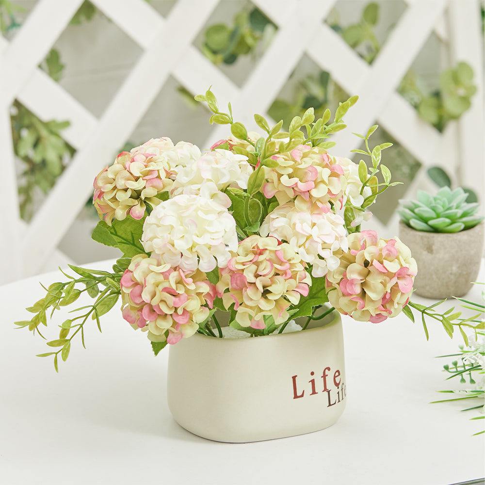 Artificial Hydrangea Flower in Ceramic Planter for Desktop Decoration