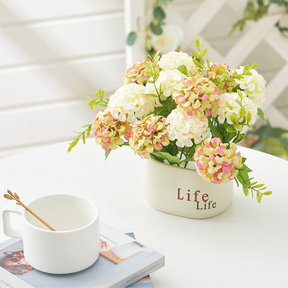 Artificial Hydrangea Flower in Ceramic Planter for Desktop Decoration