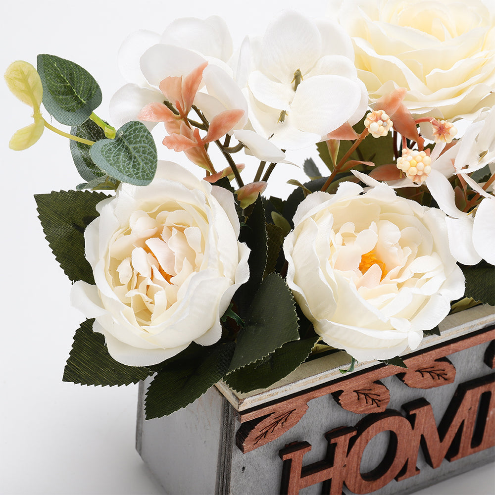Country style Fake Hydrangea Peony in Wooden Vase Tabletop Centerpiece