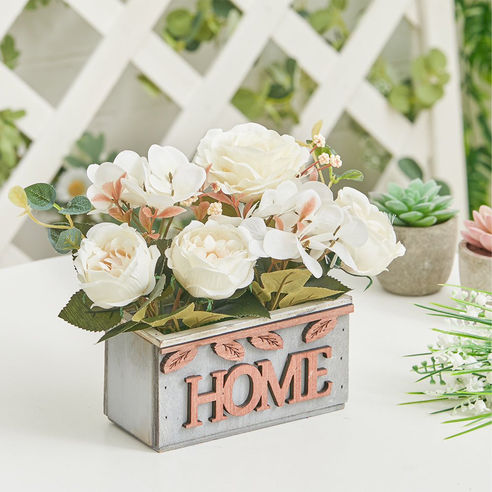 Country style Fake Hydrangea Peony in Wooden Vase Tabletop Centerpiece