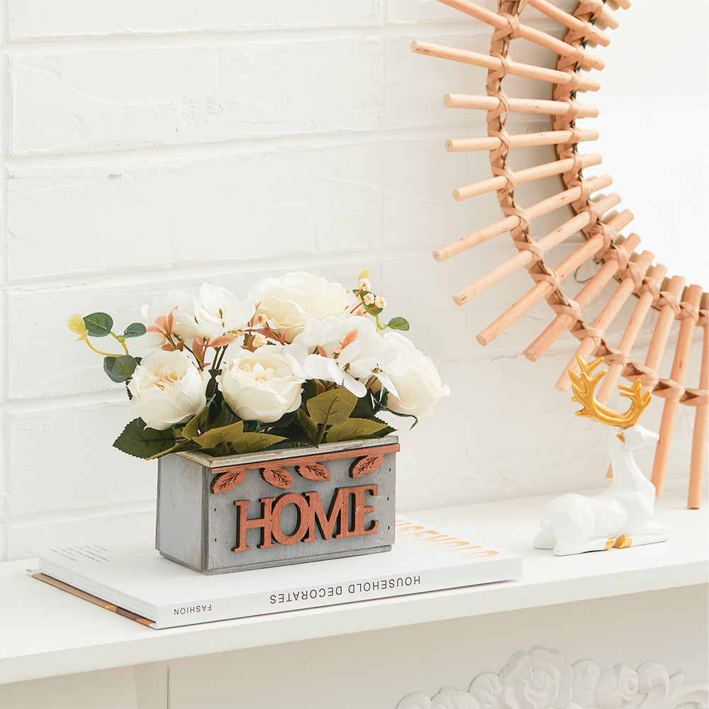 Country style Fake Hydrangea Peony in Wooden Vase Tabletop Centerpiece