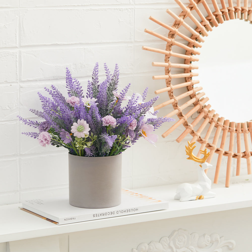 Artificial Lavender Potted Purple Flower Rustic Wood Planter Tabletop Decor