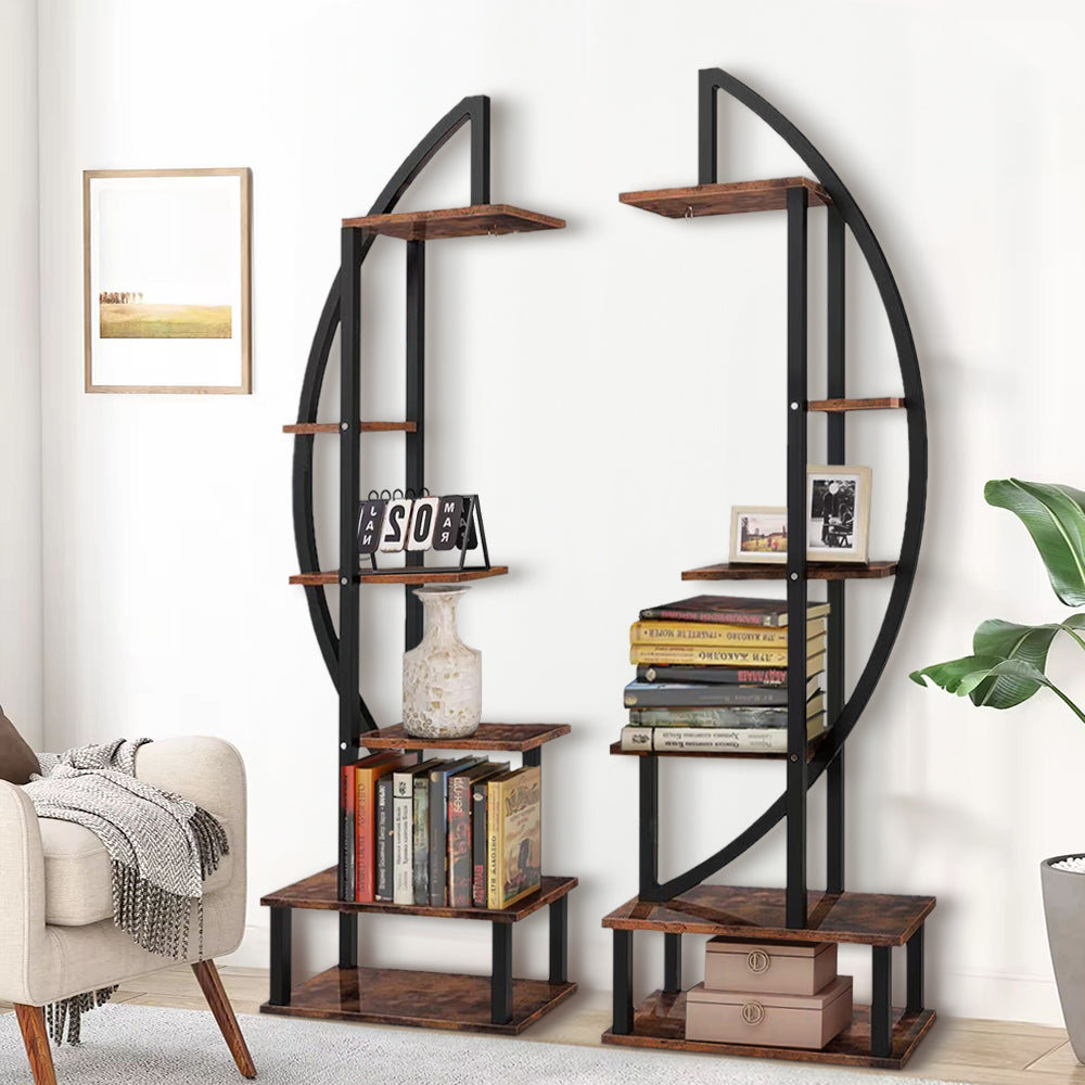 2 Pcs Rustic Brown Crescent Wood Tiered Plant Stand