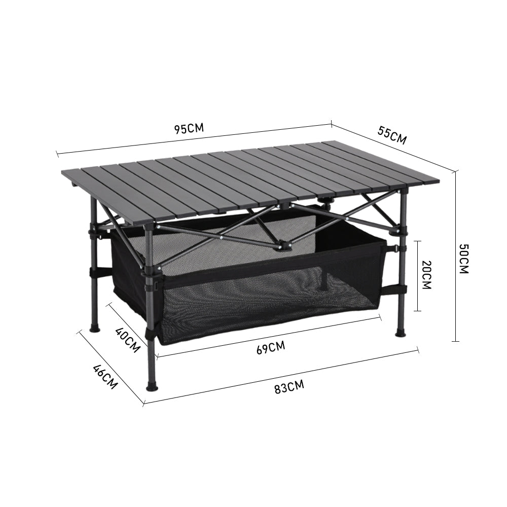Aluminum Roll-Top Foldable Camp Table with Mesh Shelf