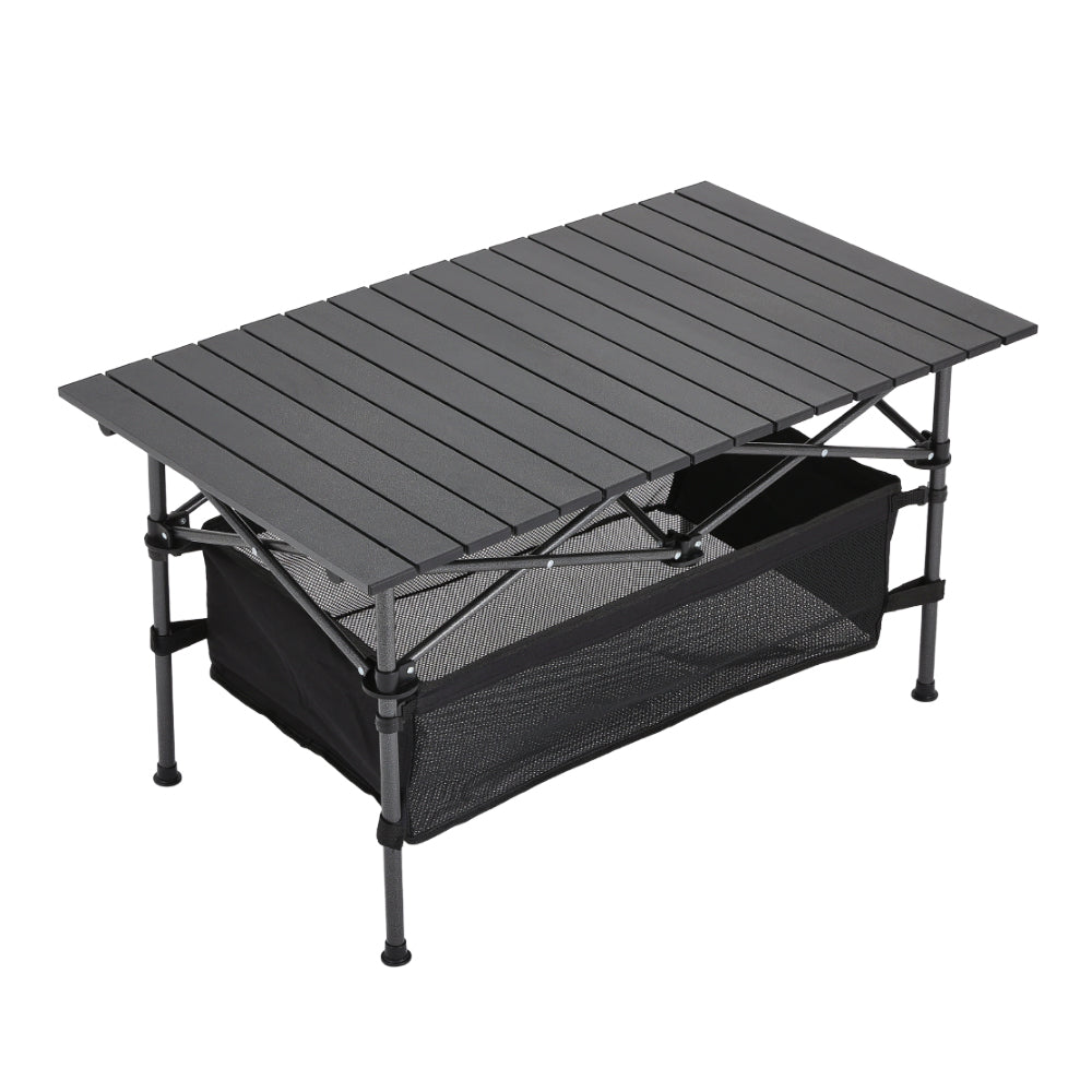 Aluminum Roll-Top Foldable Camp Table with Mesh Shelf