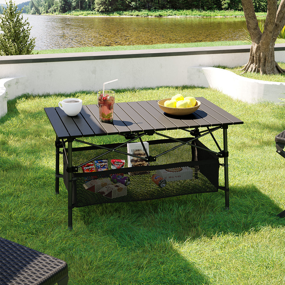Aluminum Roll-Top Foldable Camp Table with Mesh Shelf