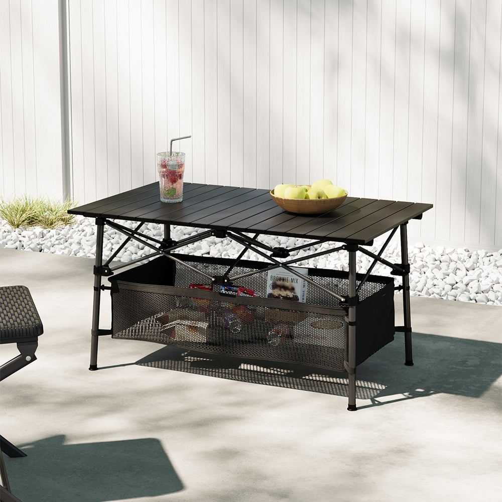 Aluminum Roll-Top Foldable Camp Table with Mesh Shelf