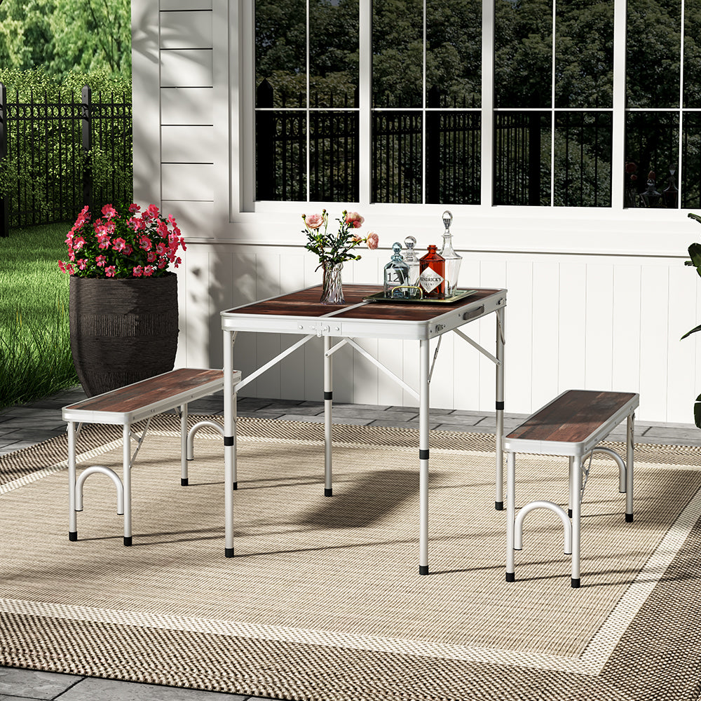 Silver Foldable Outdoor Camping Dining Set with 2 Benches