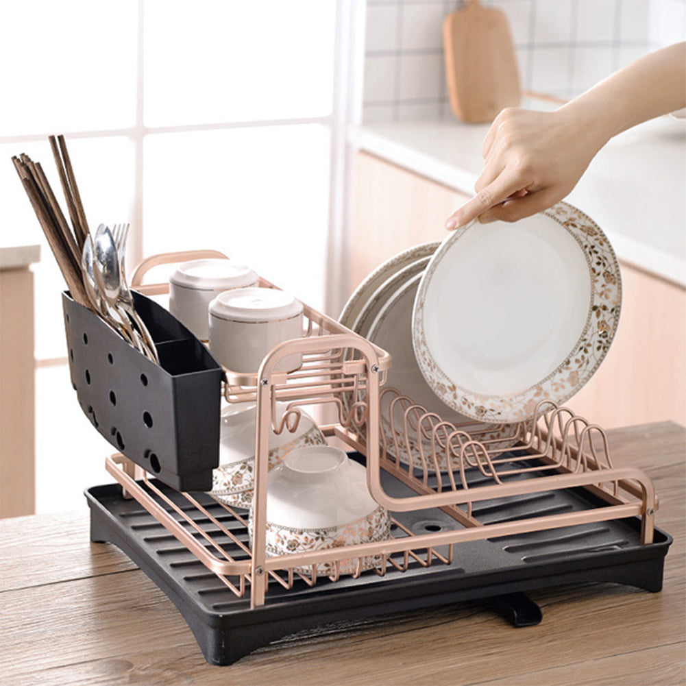 Dish Rack 2 Tiers Dish Drying Drainer with Drying Board Rose Gold