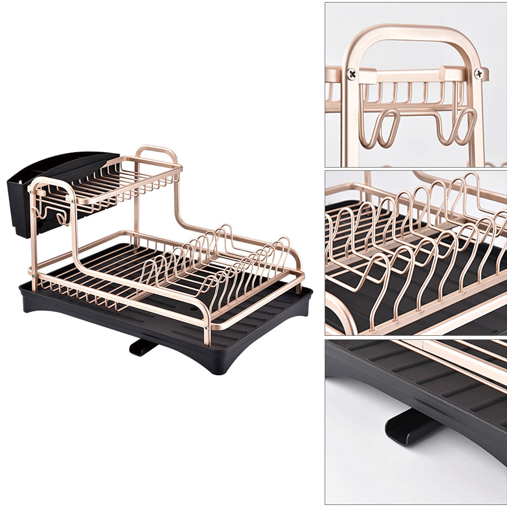 Dish Rack 2 Tiers Dish Drying Drainer with Drying Board Rose Gold