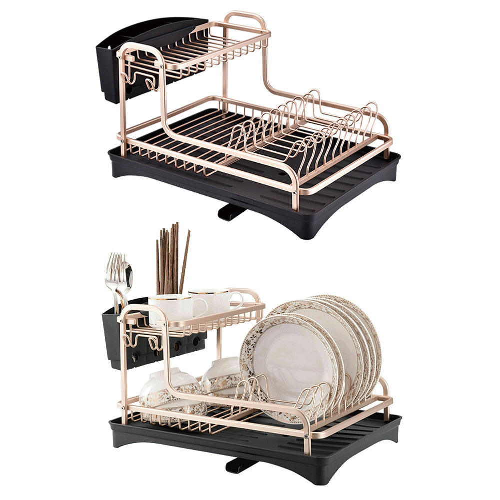Dish Rack 2 Tiers Dish Drying Drainer with Drying Board Rose Gold