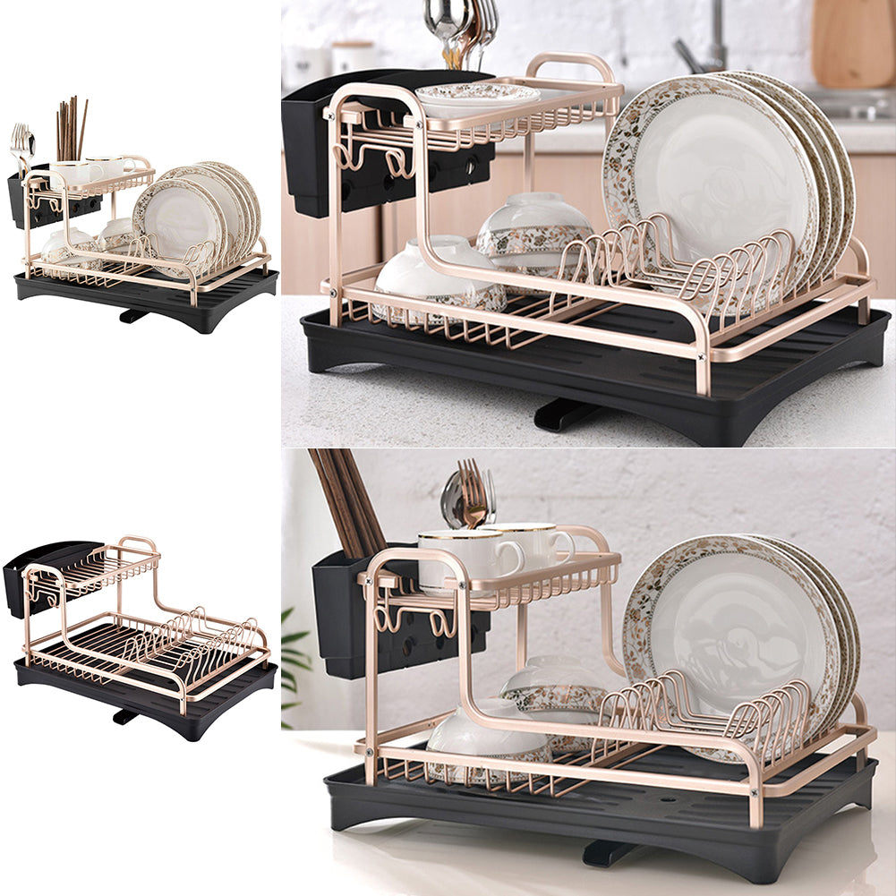 Dish Rack 2 Tiers Dish Drying Drainer with Drying Board Rose Gold