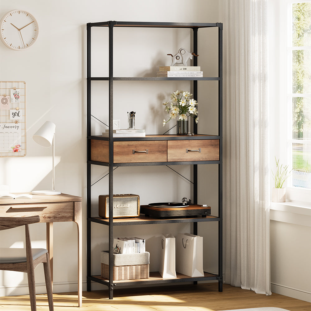 5-Tier Wooden Book Shelf with Drawers