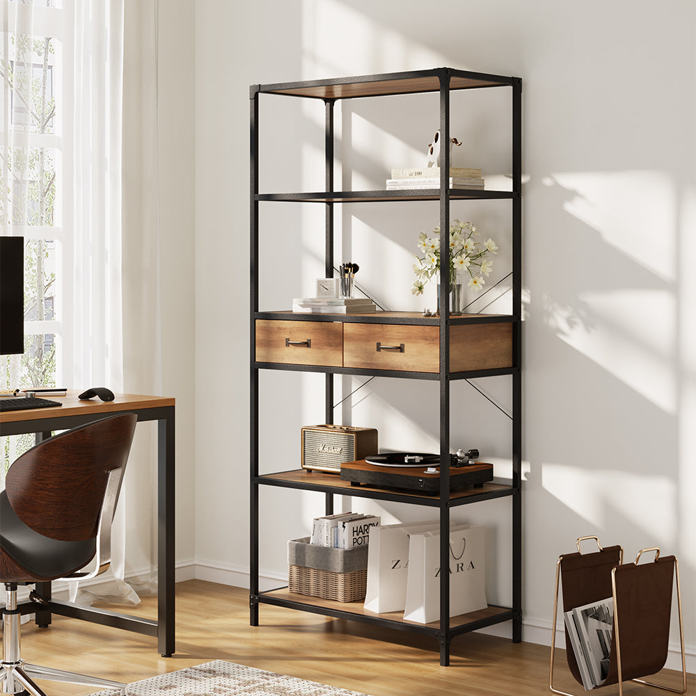 5-Tier Wooden Book Shelf with Drawers