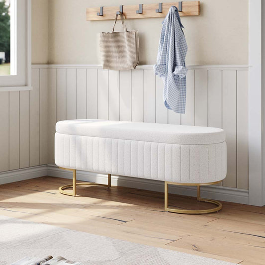 126x43x47cm White Upholstered Storage Bench Foot Rest
