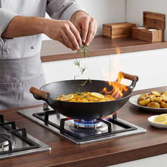 Round Cast Iron Wok with Dual Handles